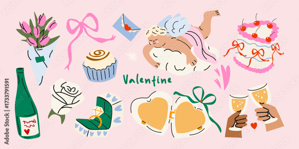 Naklejka premium Cartoon stickers set for Valentine's day holiday in retro style. Cute love elements, gift, vintage cake, cupid, love mail, chocolate, wedding ring, champagne. Flat vector illustrations isolated
