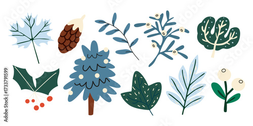 Abstract bright leaves and Christmas tree of various shapes. Seasonal cartoon doodle elements collection. Botanic winter hand drawn tree leaves set for seasonal design and holidays