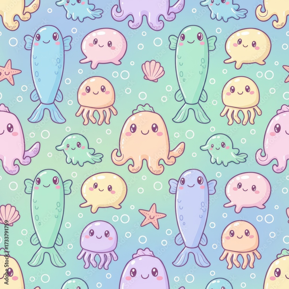 Fototapeta premium Deep sea creatures kawaii doodle, Colorful Underwater Scene with Cute Sea Creatures and Patterns