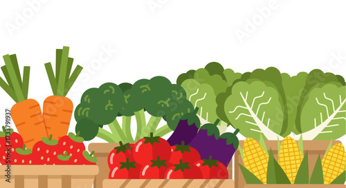 Organic food market street. Food market stalls with fruits and vegetables.Vector cartoon wooden marketplace tents with farm produce.
