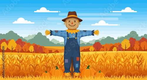 Scarecrow with autumn background. Harvest festival card.