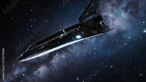 A black spacecraft soars through a star-speckled cosmos, illuminated by light