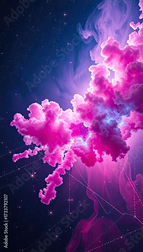 Pink cloudlike form against dark starry sky with geometric lines