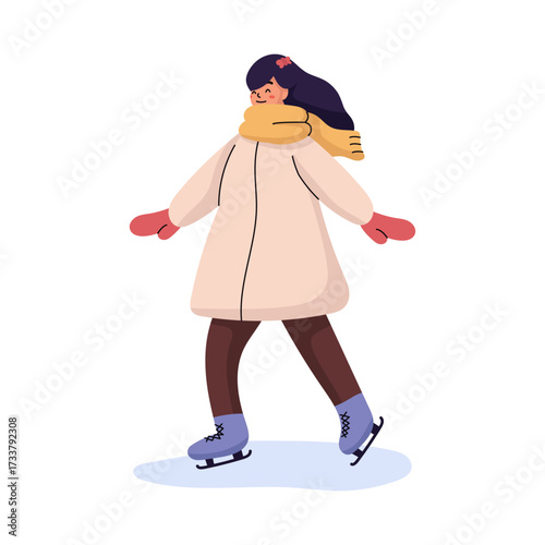 Flat illustration of People ice skating on public park or rink isolated on white background. Man, woman, kids family and couple ice skating on holidays. People in seasonal outerwear.