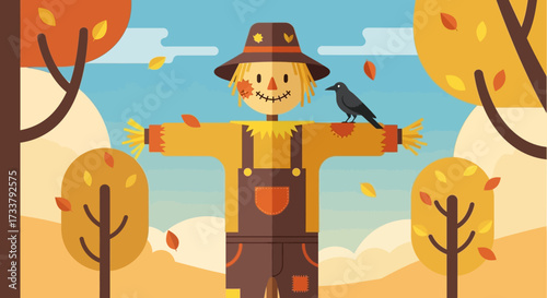 Scarecrow with autumn background. Harvest festival card.