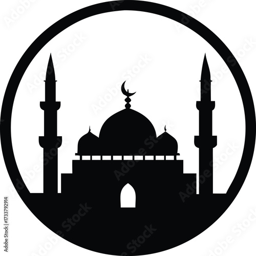 Silhouette of a mosque with minarets inside a circle