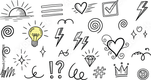 Hand drawn doodles showcasing creativity and inspiration with playful designs, sun, hearts and lightbulb