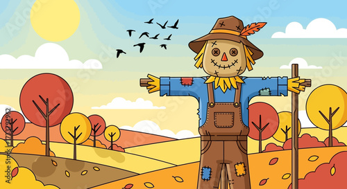 Scarecrow with autumn background. Harvest festival card.