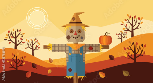 Scarecrow with autumn background. Harvest festival card.