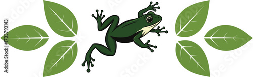 An energetic green frog leaping beside vibrant leaves, a symbol of freshness and natural vitality