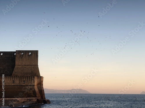 The edge of the Castell dell'Ovo rises from Naples Harbour. Canon are visible through openings in the wall. Gulls circle in the clear sky above the fort. Headlands are in the distance.