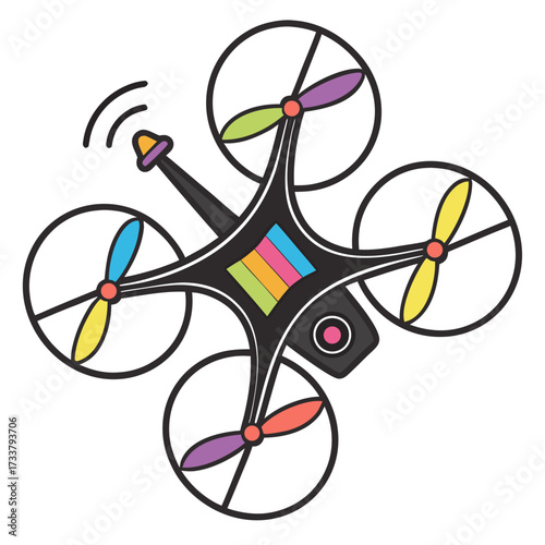 Black drone with colorful propellers and camera quadcopter