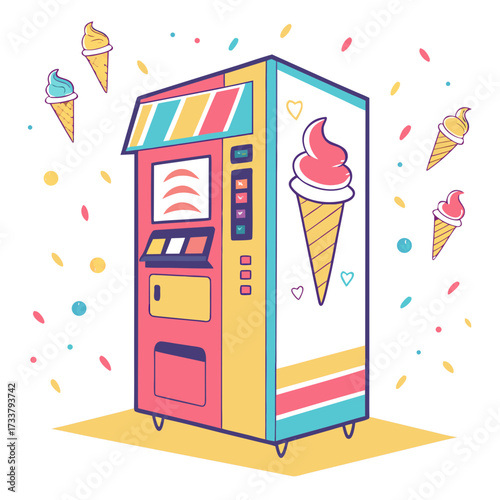 Bright ice cream vending machine with floating cones and confetti