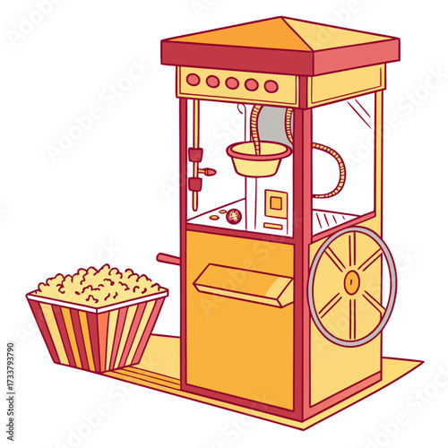 Bright yellow and red popcorn machine with popcorn