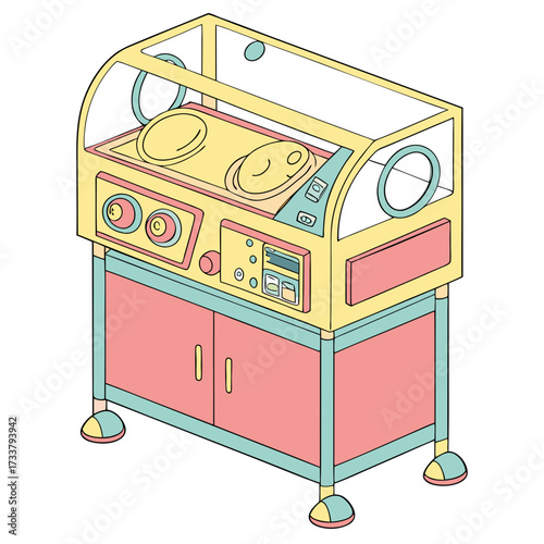 Colorful baby incubator with control panel and cabinet