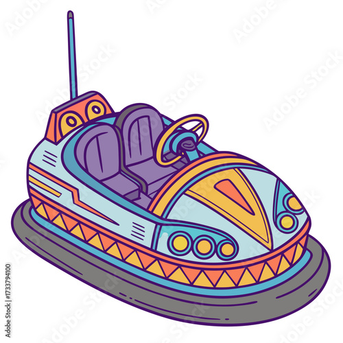 Colorful bumper car with purple seats and yellow steering wheel