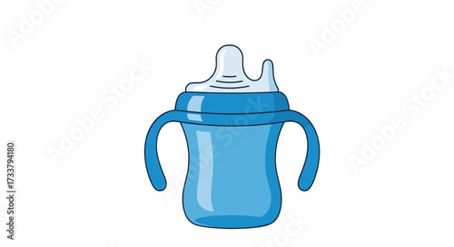 A blue training cup with handles and a sippy lid for infants transitioning from bottles.