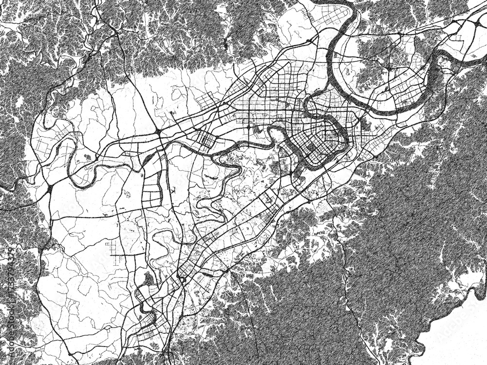 Naklejka premium City map illustration of Ganzhou, China, rendered in black and white sketch style.