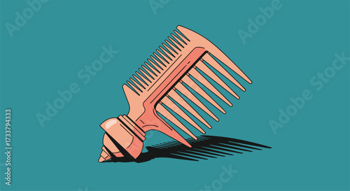 A stylized illustration of a pink comb with a large handle rests on a turquoise background with a dark shadow.