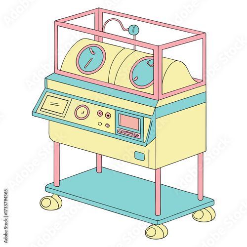 Colorful incubator machine with gauges and controls