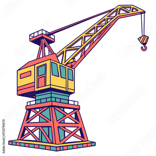 Colorful industrial crane with yellow boom and red base