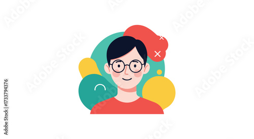 A cartoon illustration of a young person with glasses wearing a red shirt with colorful abstract shapes behind them.