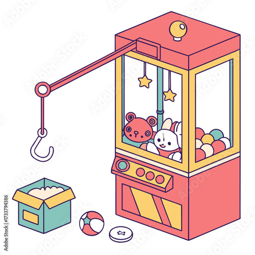 Colorful isometric claw machine with toys and prizes