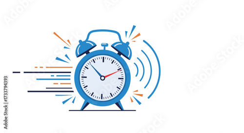 A retro style alarm clock rings loudly with sound waves radiating outward suggesting urgency or promptness.