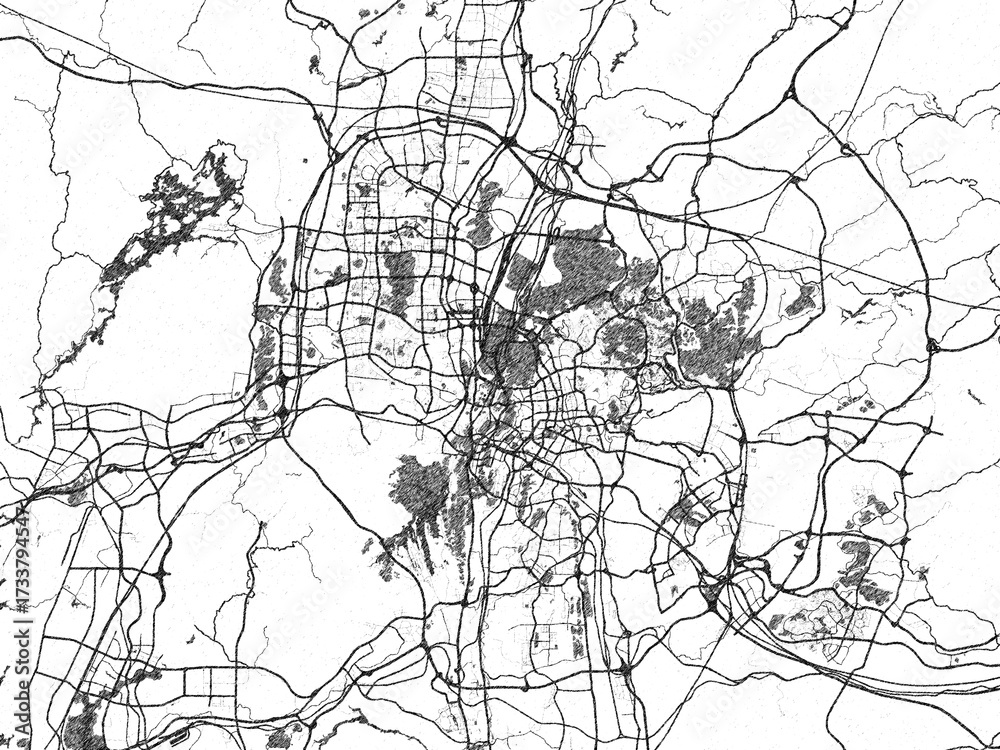 Naklejka premium Black and white cartographic illustration of Guiyang, China, in hand-drawn sketch form.