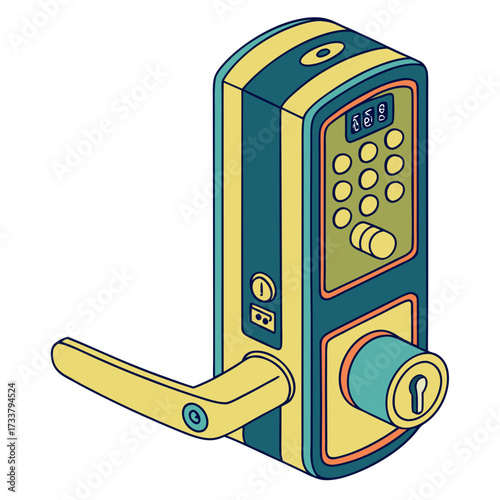 Colorful isometric smart door lock with keypad and keyhole