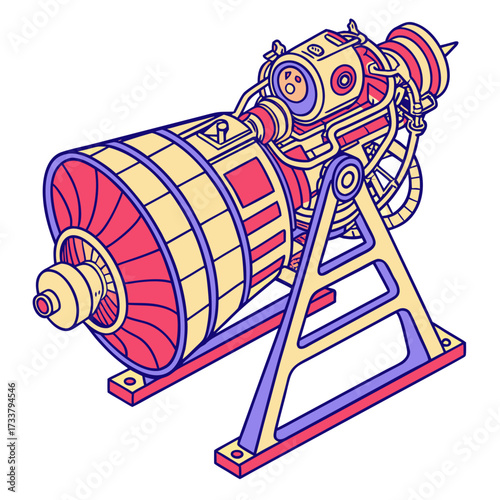 Colorful jet engine on stand isometric vector rocket engine