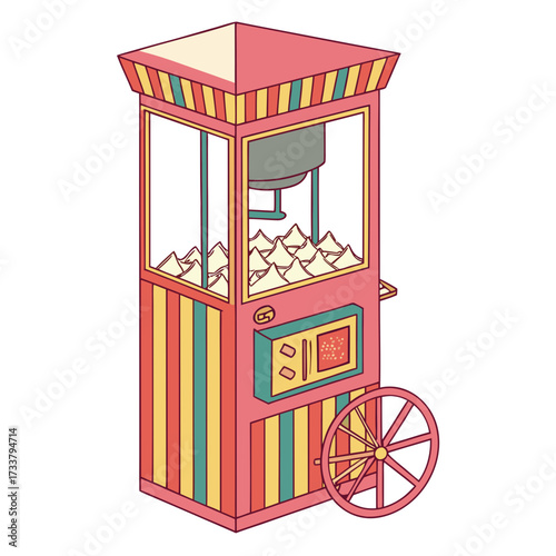 Colorful popcorn cart with popcorn overflowing popcorn machine