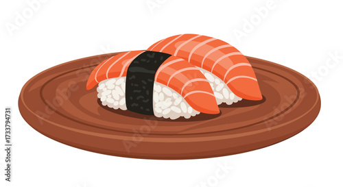 Freshly prepared salmon nigiri sushi served on a wooden plate.