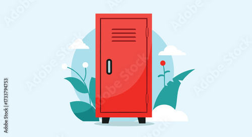 A single red locker stands against a light blue background with decorative plants and clouds.