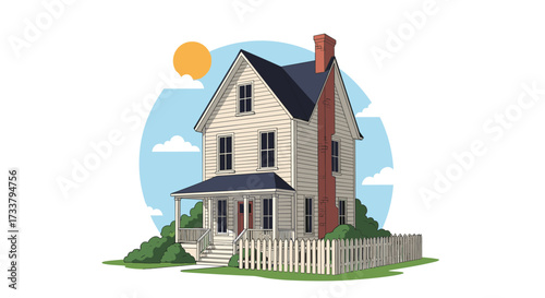 An old two story house with a chimney and a white picket fence stands under a bright sun.