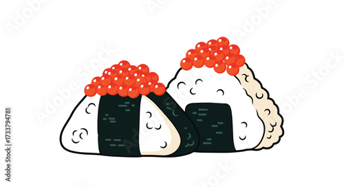Delicious rice balls wrapped in seaweed and topped with bright red salmon roe are a delightful treat.