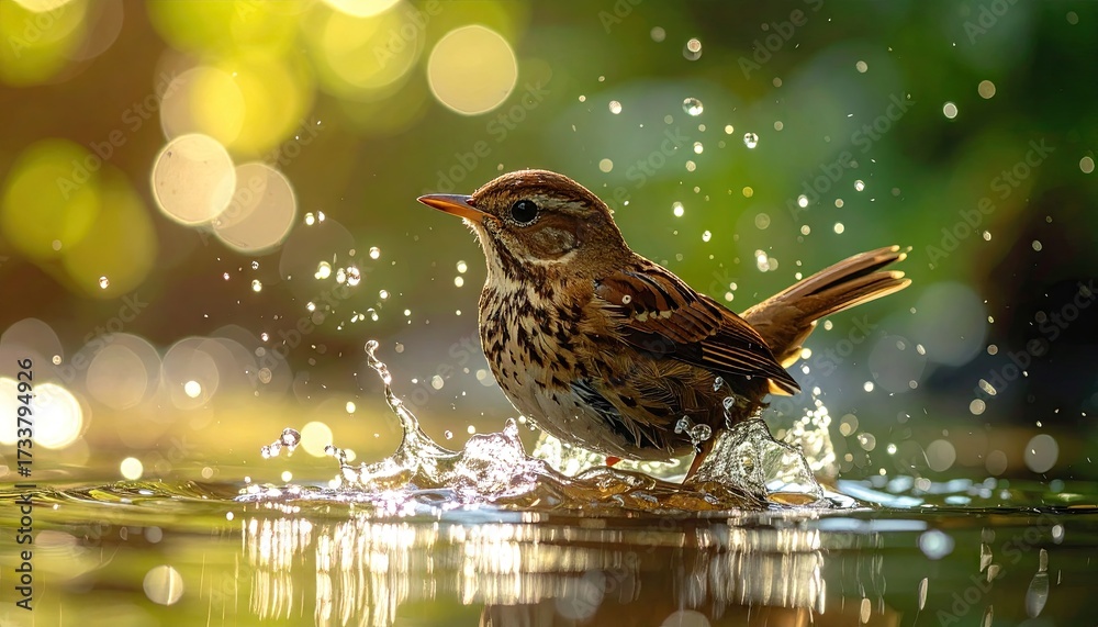 Fototapeta premium Bird Bathing in Forest Stream Splashing Water in Golden Sunlight