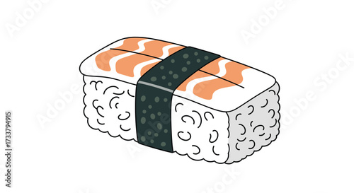 A delicious piece of salmon nigiri sushi with rice and nori.