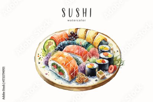 Sushi on a Plate Japanese Food Illustration Asian Cuisine Concept, white isolated background