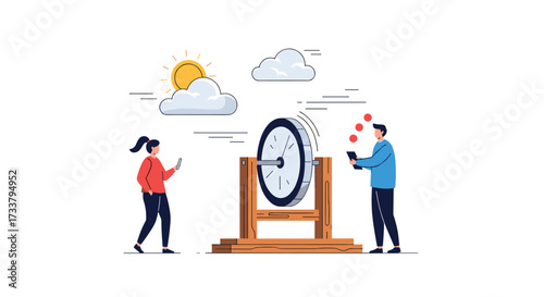 Two people playing a game of chance with a spinning wheel under sunny skies.