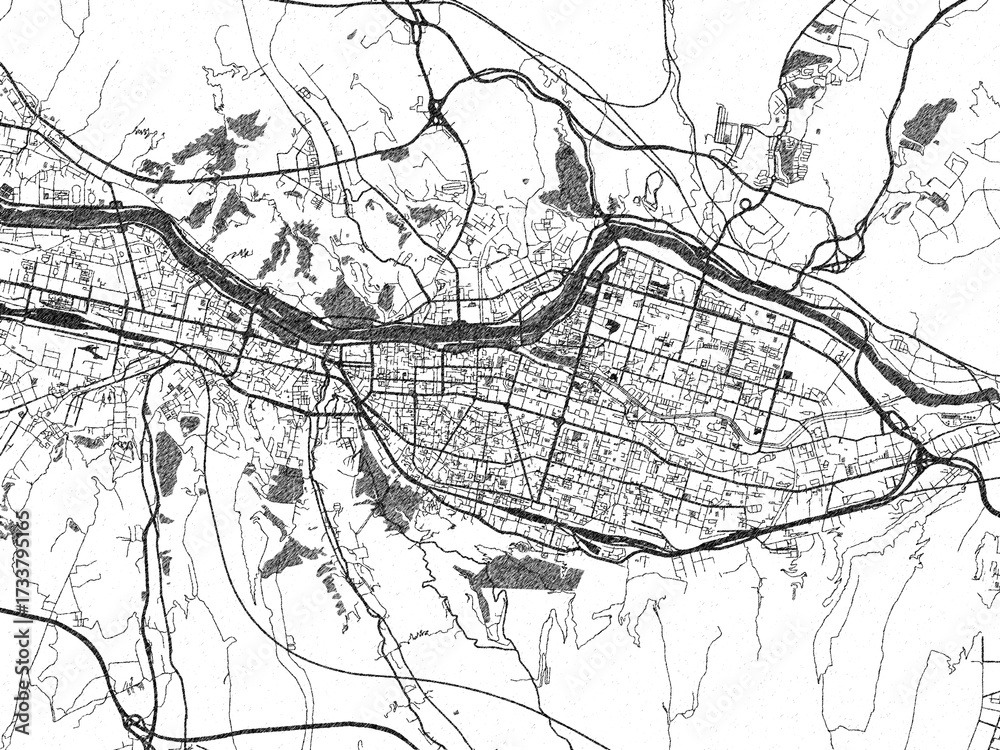 Naklejka premium Detailed black and white map of Lanzhou, China, in artistic sketch style.