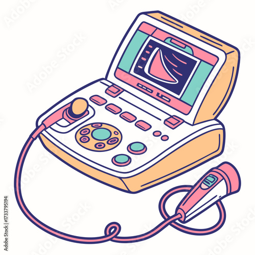 Colorful vector illustration of an ultrasound machine with probes