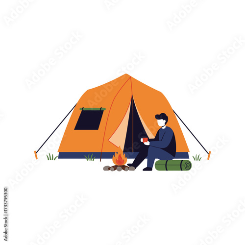 Camping Adventure Man Relaxing by Tent with Campfire