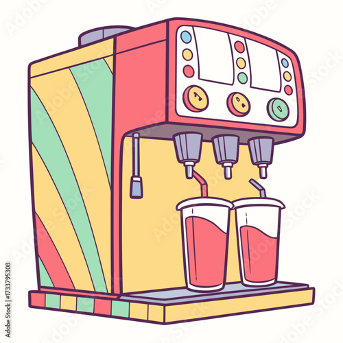 Colorful vector soda fountain machine dispensing drinks