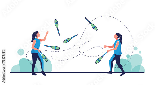 Two women skillfully juggling clubs in a park setting creating a dynamic visual representation of coordination and practice.