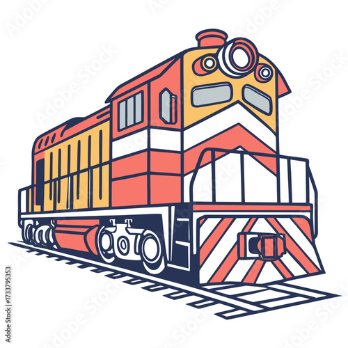 Colorful vector train engine on railroad tracks locomotive