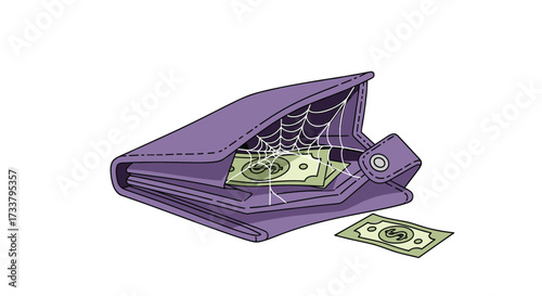 An open purple wallet with a few bills and cobwebs inside and one bill outside.