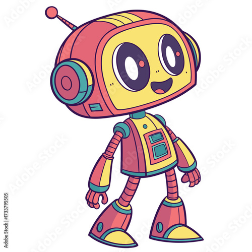 Cute cartoon robot with yellow head and red body character
