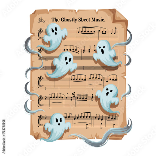 ghostly sheet music, singing spirits on parchment, whimsical musical notes, vintage halloween poster, playful spooky design, vector