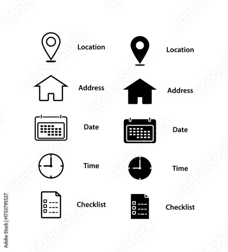 Event Planning Icons Set. Schedule and Location Icons. Location, Address, Date, Time, Checklist Symbols.Minimal Event Info Icons. EPS10.